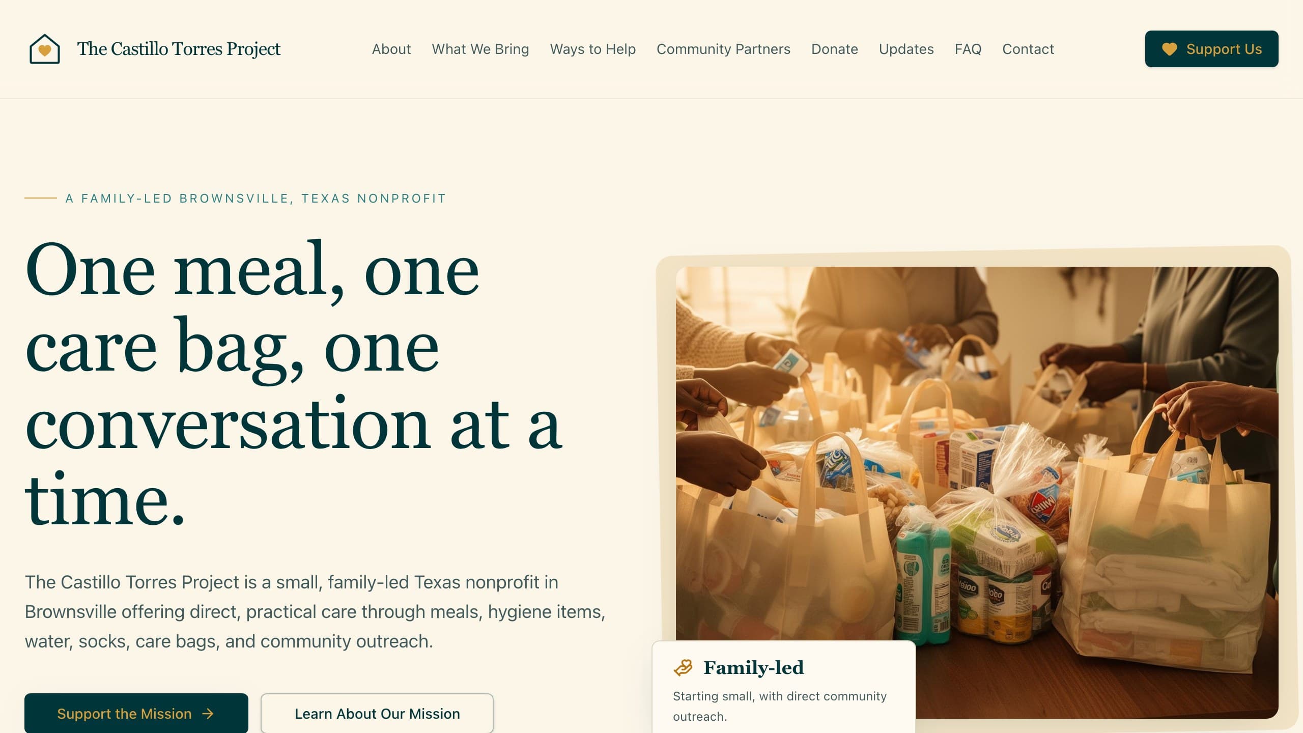 Homepage of The Castillo Torres Project — nonprofit community outreach site with mission statement and donation options