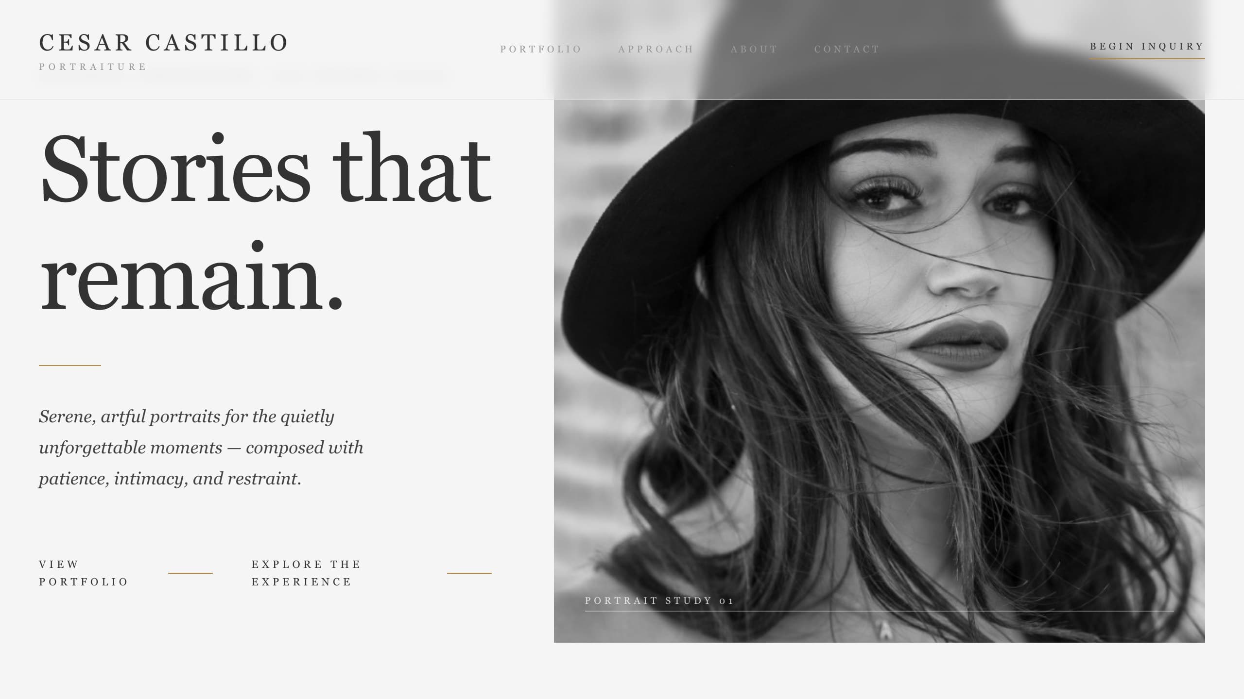 Homepage of Cesar Castillo Portraiture — editorial portrait photography site with serif headline and black-and-white portrait