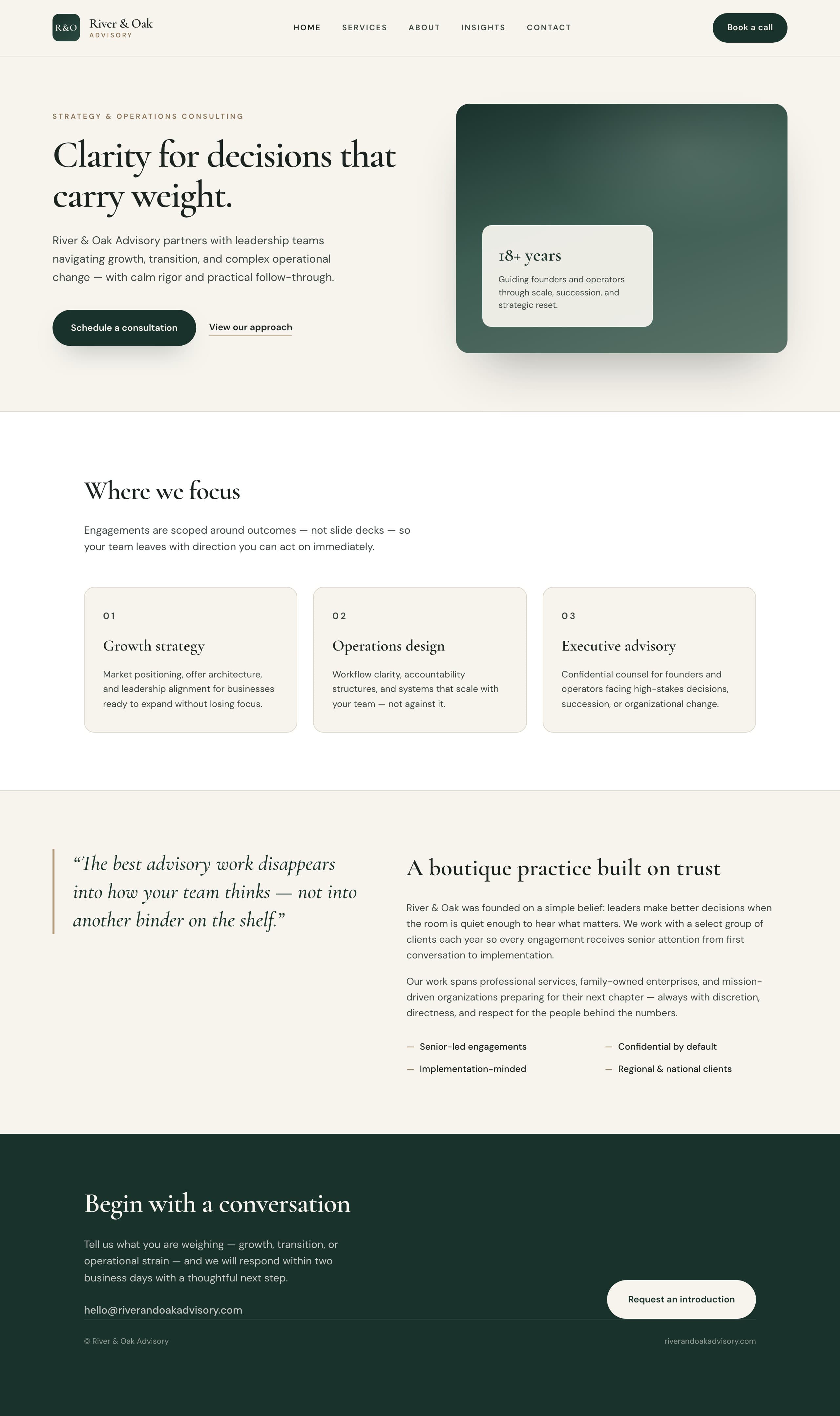 River & Oak Advisory — premium consulting website with hero, services, about, and contact sections
